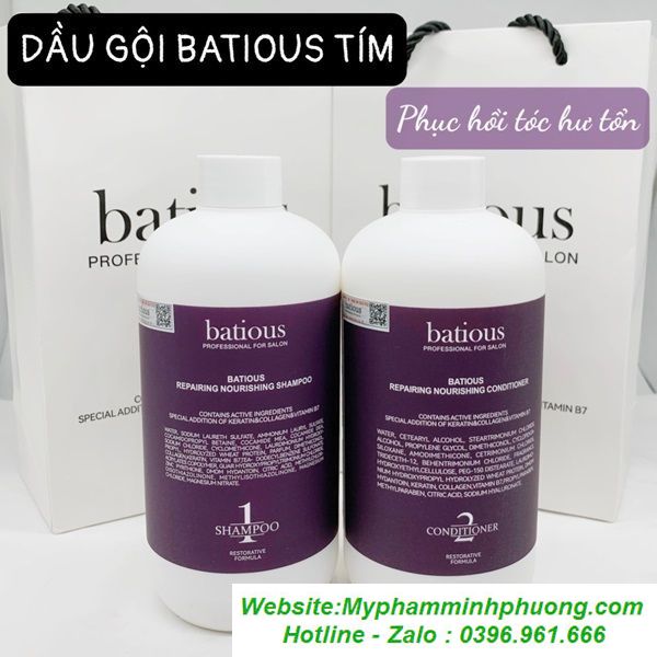 2, Cặp dầu gội Batious tím:   Tăng cường vitamin, collagen và keratin giúp phục hồi tóc. Phục hồi tóc hư tổn. Giúp tóc óng mượt, mềm mại.